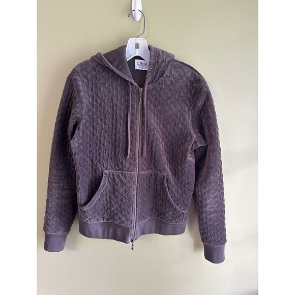 JUICY COUTURE Vintage Women's XL Brown Quilted Velour Track Jacket Elbow Patches - Picture 1 of 11
